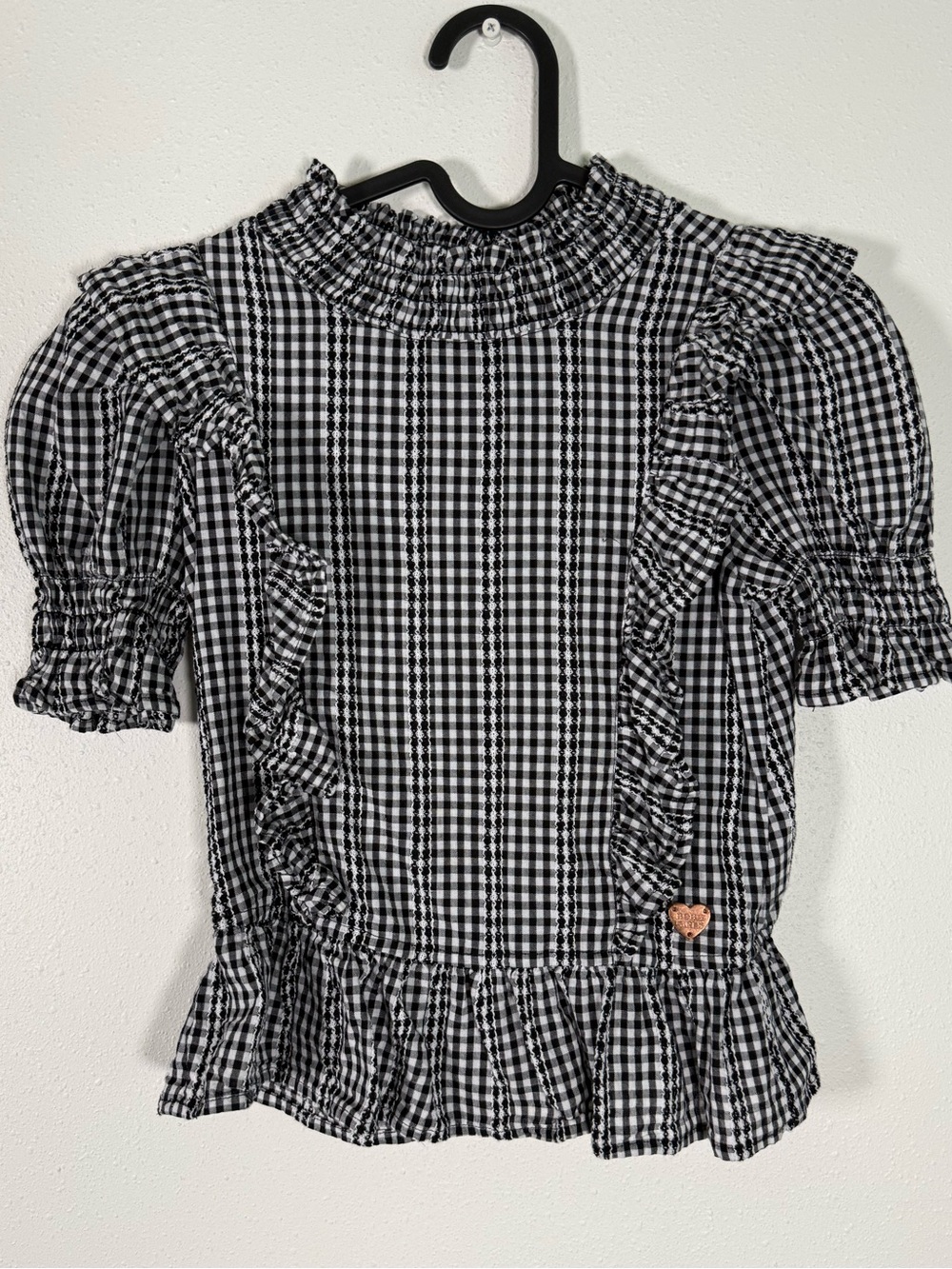 BCBG Girls Gingham Smocked Puff Sleeve Peplum Top M Y2K